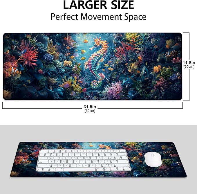 Mounidso Seahorse Large Mouse Pad, Gaming Mouse Pad, Keyboard Mat, Non-Slip Rubber Base, Office Accessories, Desk Mat, MousePads for School, Work, Home Decor Gifts 31.5" x 11.8"