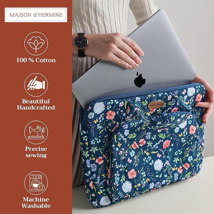Maison d'Hermine Laptop Bag with Pocket Upto 13.5 inch Stain and Water Repellent Cotton Canvas Spring Summer (Just Floral - Blue)