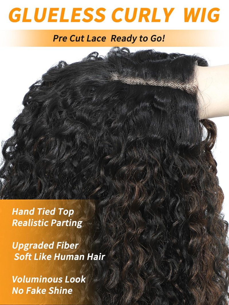 TENACOO Ombre Brown Glueless Curly Wig Brown Highlight Synthetic Lace Front Wig 24 Inch Deep Wave 4x1 Lace Closure Dark Brown Long Curly Wigs for Black White Women (Ombre Brown-24 Inches)