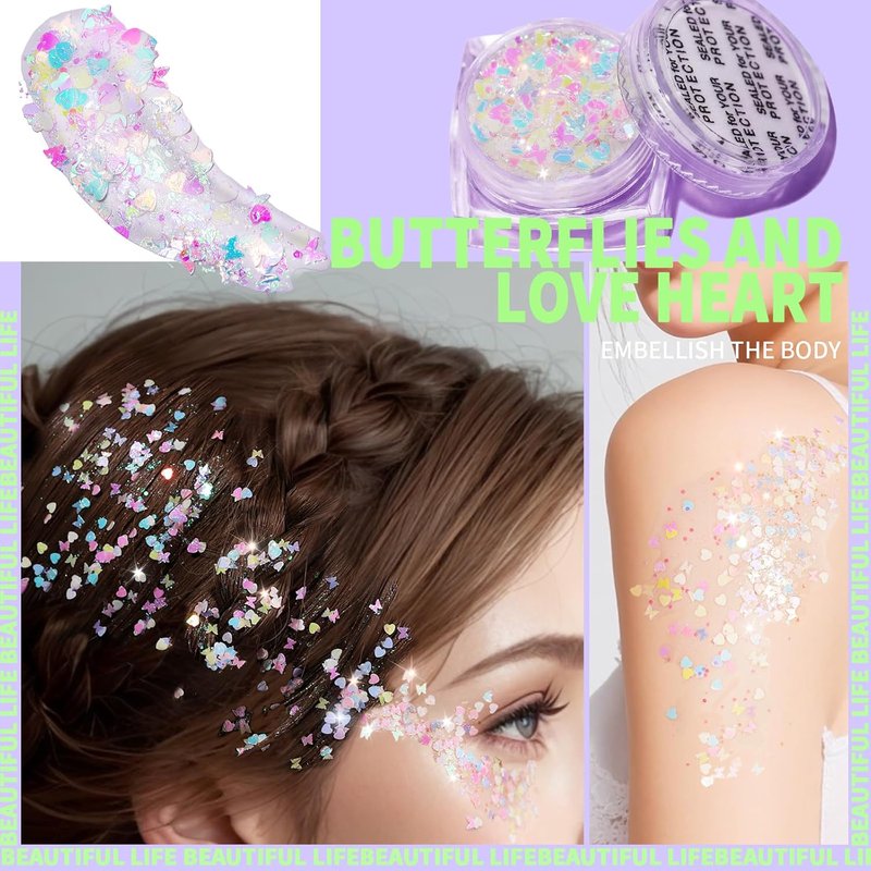 Face Glitter Gel for Women - Clear White Body Glitter with 6 Shapes | Chunky Rave Makeup Sequins