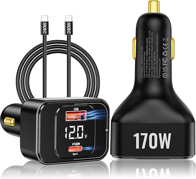 Ushigoo Fast Car Charger for iPhone 17 Sumsung Fast Charging Cigarette Lighter Adapter Accessories, Multi Device Family Travel Road Trip Essentials, 170W USB C 12V-24V 140W PD3.1, LED Display