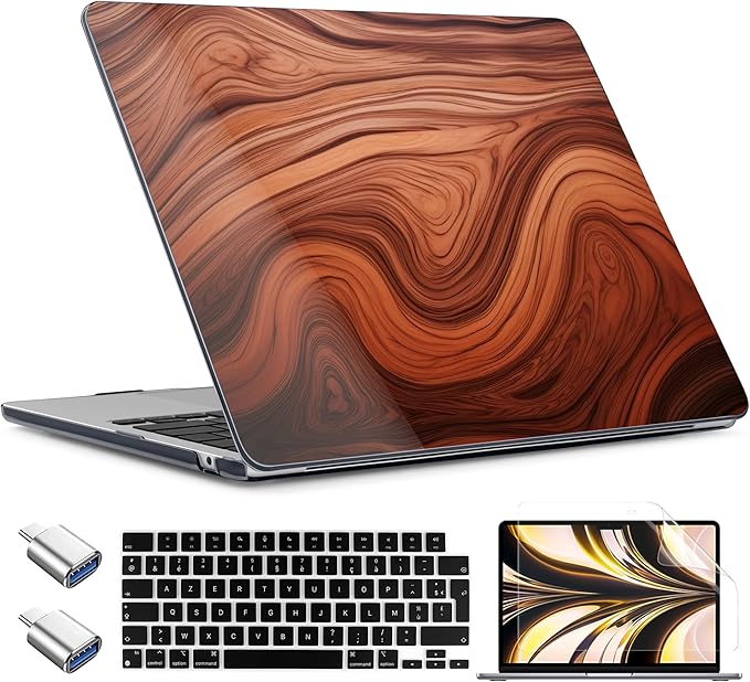 TWOLSKOO for MacBook Air 13 inch Case M5 2026 M4 2025 M3 M2 2024-2022 A3449 A3240 A3113 A2681, Plastic Hard Shell & Keyboard Cover & Type C for MacBook Air 13.6 inch Case, Wood Grain