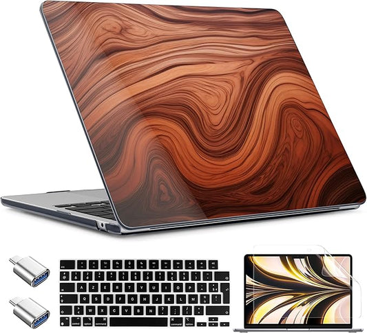 TWOLSKOO for MacBook Air 13 inch Case M5 2026 M4 2025 M3 M2 2024-2022 A3449 A3240 A3113 A2681, Plastic Hard Shell & Keyboard Cover & Type C for MacBook Air 13.6 inch Case, Wood Grain