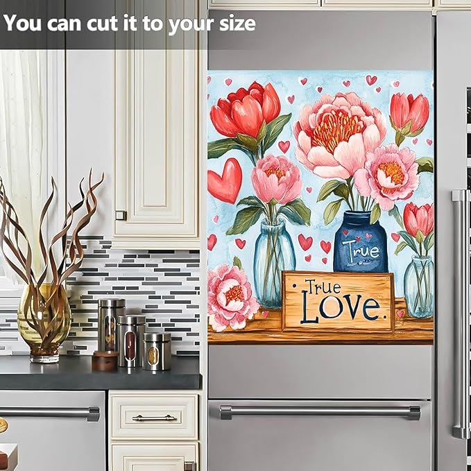 Blooming Pink Flowers Magnet Dishwasher Cover Vinyl Decal for Dishwasher Valentine's Day Flowers Refrigerator Magnet Cover Love Hearts Kitchen Panel Decal Sticker, 23x26 inch Magnetic