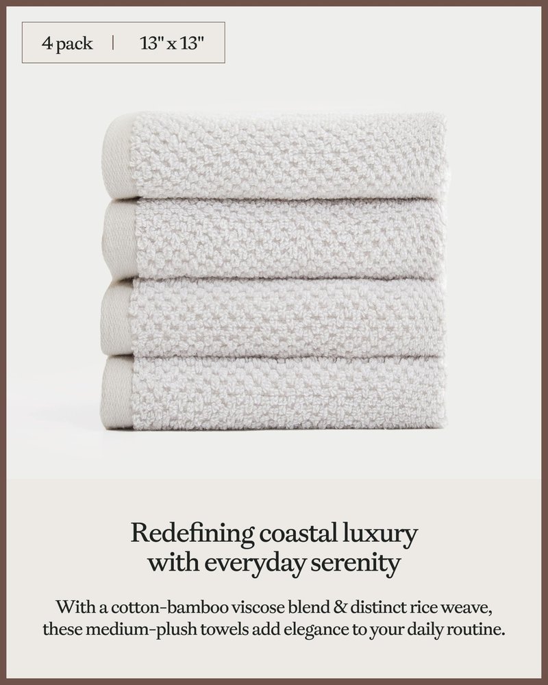 Cozy Earth Nantucket 60% Cotton 40% Viscose from Bamboo Washcloth - 600 GSM Plush & Fast-Drying with Rice Weave Pattern - 4 Pack 13" x 13" Luxury Washcloth - Light Grey