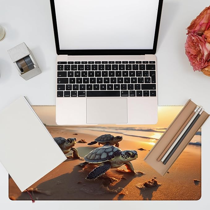 KOAIWPAE Large Gaming Mouse Pad for Desk, Baby Turtles On Beach Desk Mat, Cute Sea Turtle Desk Pad, 31.5"x15.7" Extended Big Computer Keyboard Mouse Pad with Non-Slip Base and Stitched Edge