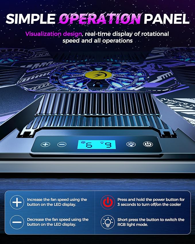 ChillCore RGB Laptop Cooling Pad, Laptop Fan Cooling Pad 9 Fans for 15.6-19.3 Inch Laptops, Gaming Laptop Cooler with 8 Height Stands, 2 USB Ports - A21 Pattern