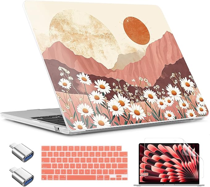 TWOLSKOO for MacBook Air 13 inch Case M5 2026 M4 2025 M3 M2 2024-2022 A3449 A3240 A3113 A2681, Plastic Hard Shell & Keyboard Cover & Type C for MacBook Air 13.6 inch Case, Mountains & Daisies