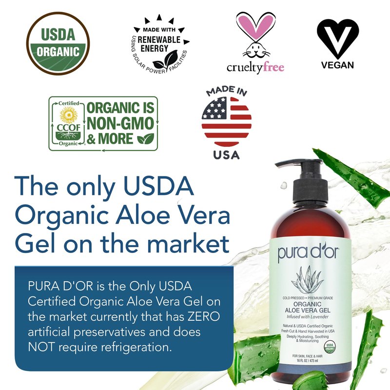 PURA D'OR ORGANIC Aloe Vera Gel Lavender (16 Oz X 2) All Natural - ZERO Artificial Preservatives - Deeply Hydrating & Moisturizing - Sunburn, Bug Bites, Rashes, Small Cuts, Eczema Relief - Skin & Hair