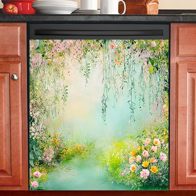 Dishwasher Magnet Cover 23x26 in Dreamy Floral Garden with Hanging Vines and Spring Blossoms Magnetic Dishwasher Cover for Kitchen Appliance Decoration Front Panel Sticker Decor
