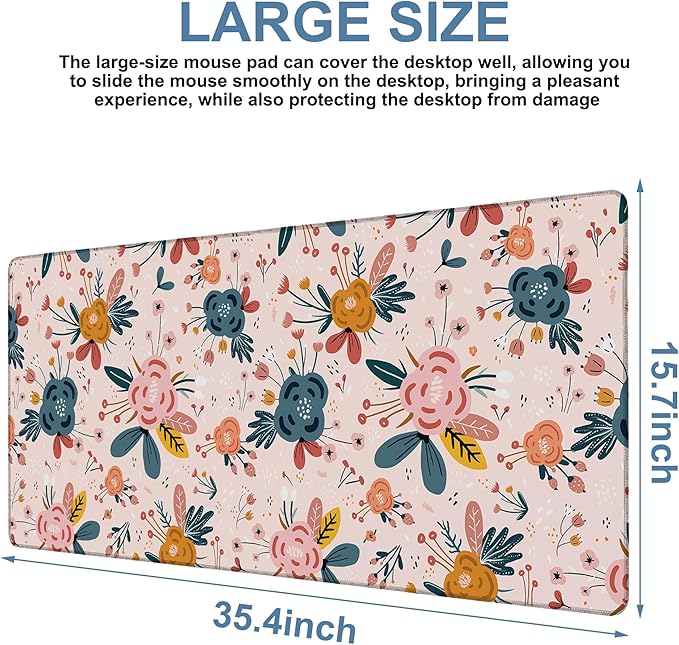 NITAHHHY Gaming Desk Pad Large Extra Length Hand Drawn Floral Mouse Pad Keyboard Laptop Non-Slip Waterproof with Rubber Base Thick Stitched Edge Mouse Mat for Office Home 35.4 x 15.7 Inches