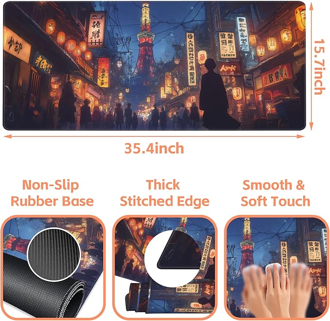 NIYLYNSYN Mouse Pad Large Bustling Street in Tokyo Non-Slip Gaming Desk Mat with Stitched Edge Laptop Keyboard Desk Pad for Work Home Gaming (35.4 x 15.7 Inches)