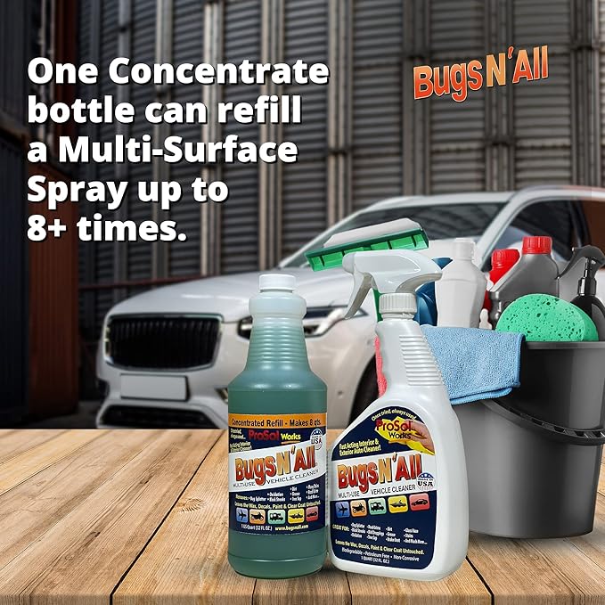 Bugs Nâ All Multipurpose Car Cleaner & Degreaser - Bug & Tar Remover Concentrate 32 oz - Exterior Cleaner Safe for Car Paint, Metal, Chrome, Aluminum, Windows & Mirrors - w/Free 32 oz Spray Bottle