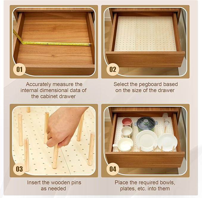 Kigley 12 Pcs Pegboard Drawer Organizer with 96 Drawer Peg Wood Peg Board Wooden Kitchen Plate Organizer for Dishes Food Containers Cookware Utensils(21 Inch,Wood Color)