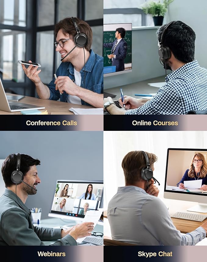 Rownfusny USB Headset with Microphone for PC & Laptop - Noise Reduction On-Ear Wired Headphones with in-Line Volume Control, Call Answer Button for MS Teams, IP Phones, Work, Zoom, Skype
