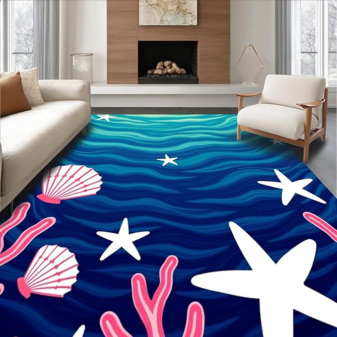 Flatwoven High Traffic Area Rug 8x8, Ocean Treasure Marine Life Bathroom Contour Ensemble, Non Slip, Stain Resistant, Washable Area Rugs for Living Room, Bedroom (Blue, 8x8)