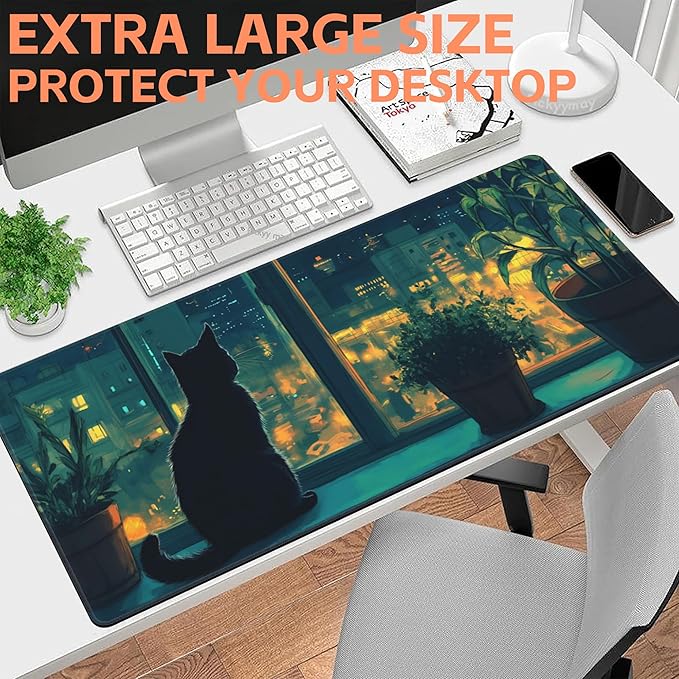 NIYLYNSYN Mouse Pad Large Cat Sitting on The Windowsill Non-Slip Game Desk Mat with Stitched Edge Laptop Keyboard Desk Pad for Work Home Gaming (35.4 x 15.7 Inches)