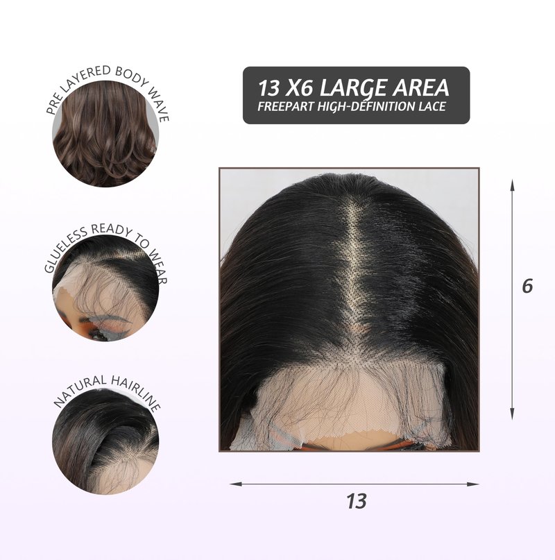 SISgrace Natural Black Ombre Brown 13 * 6 HD Lace Front Wigs Synthetic Glueless Pre Layered Body Wave Wigs for Women Pre Plucked 18 Inch Tiny Knots Lace Natural Hairline Bob Wigs