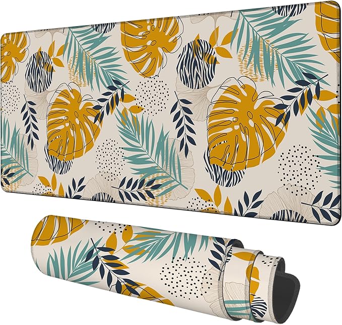 NITAHHHY Large Mouse Pad Palm Leaves Gaming Desk Pad Computer Keyboard Non-Slip Waterproof Mouse Mat with Rubber Base and Stitched Edges Entertainment Office Writing Desk Mat 35.4 x 15.7 Inches