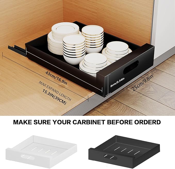 2 Pack Pull Out Drawers for Cabinets, 10" W Pull Out Cabinet Organizer Adhesive Sturdy Carbon Steel, Pull Out Shelves for Kitchen, Pantry and Bathroom Vanity, 10" W x 16.9"D x 3.1"H