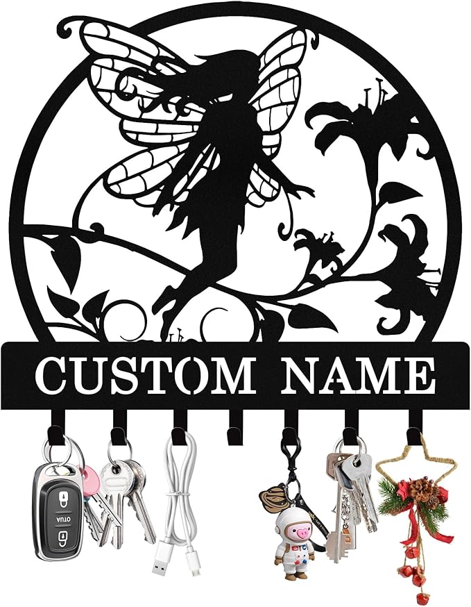 Syneiro Personalized Fairy Key Holder Wall Mount, Custom Metal Key Rack Key Holder with Name, Deer Cabin Wall Keys Hanger with Hooks for Entryway, Front Door, Hallway, Kitchen, Living Room