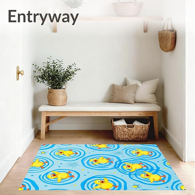Flatwoven High Traffic Area Rug 2x3, Quirky Farmyard Dance with Splashing Pond Motif, Non Slip, Stain Resistant, Washable Area Rugs for Living Room, Bedroom (Yellow, 2x3)