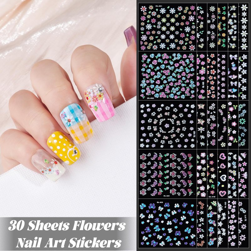 Nail Charms and Gems, Nail Art Kit with 30 Sheets Flower Nail Stickers, 6 Boxes 3D Nail Charms Colorful Clear Flatback Rhinestones Pearls, Diamonds,Picker Tools,Beads Pearls for Nails Art