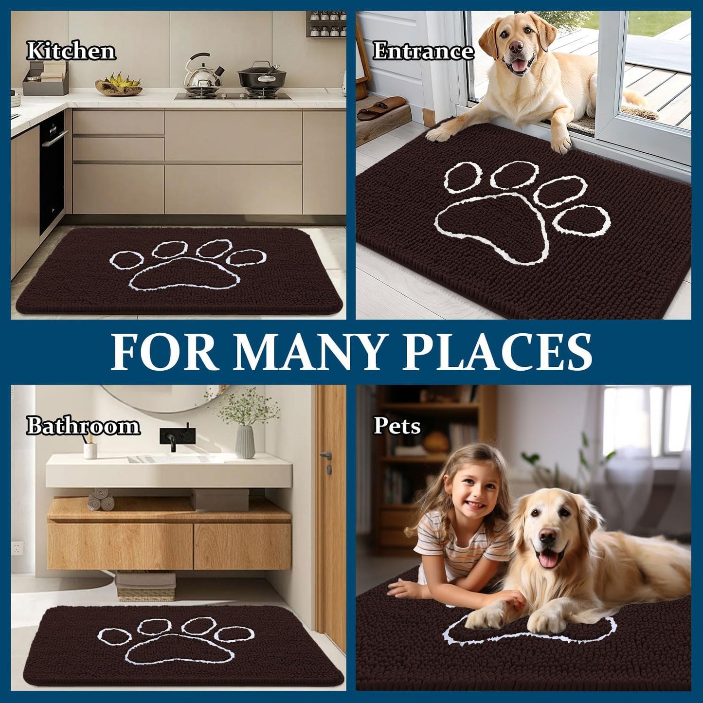 OLANLY Dog Door Mat - Absorbent Non-Slip Mud Mat for Dogs | Paw Print Design, 70x32, Quick Dry Brown