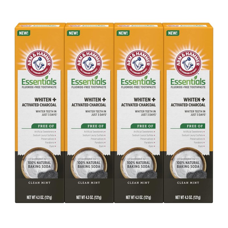 ARM & HAMMER Fluoride-Free Toothpaste with Activated Charcoal - 4 Pack of 4.3oz Mint Tubes | Natural Baking Soda Deodorant 4-Pack