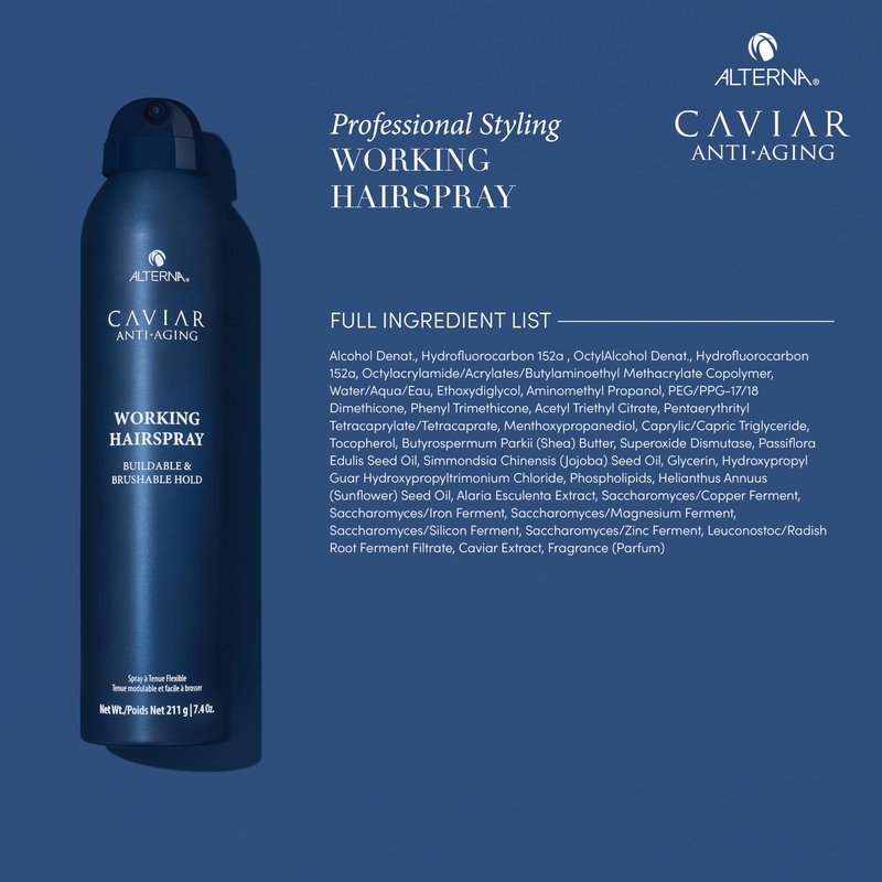 Alterna Caviar Working Hairspray | Buildable, Brushable Hold | Helps Control Frizz & Adds Shine | Sulfate Free, 7.4 Fl Oz (Packaging May Vary)