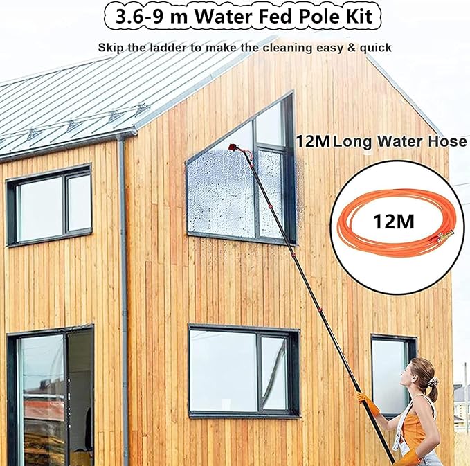 Telescopic Window Cleaner, Window Cleaning Pole Water Fed Pole Kit for Cleaner Conservatory Roof Photovoltaic Panel Cleaning Extendable Solar Panel Roof Cleaning Tools,30cmBrush-9mRod