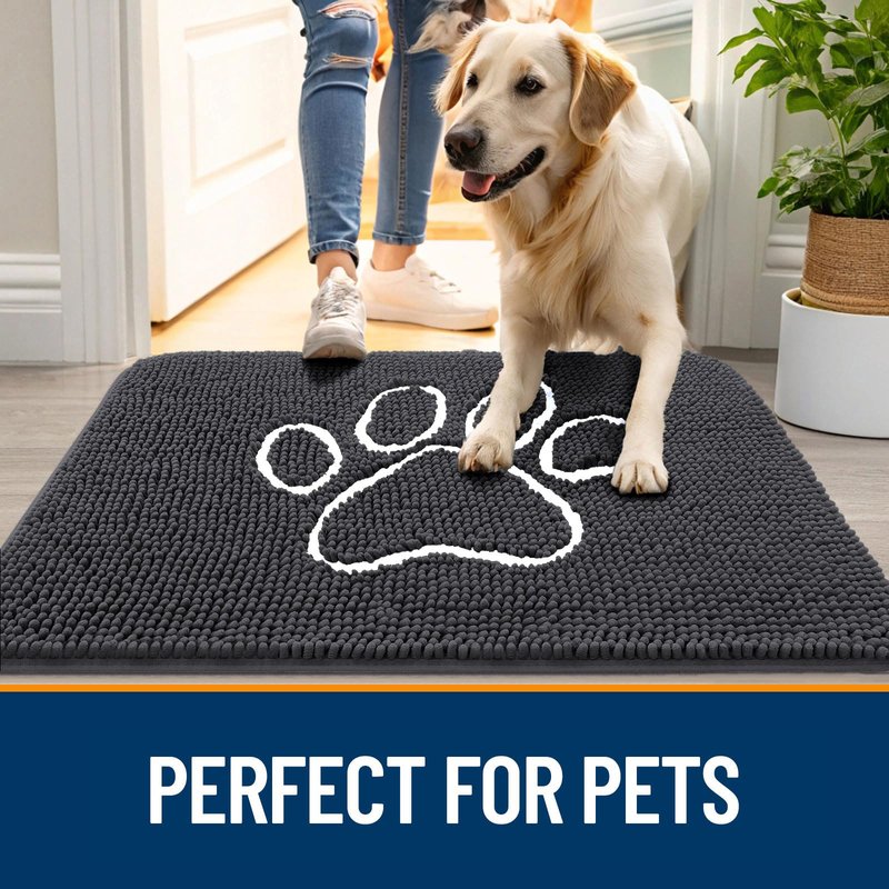 OLANLY Dog Door Mat for Muddy Paws 47x20, Paw Print Design, Absorbs Moisture and Dirt, Absorbent Non-Slip Washable Doormat, Quick Dry Chenille Mud Mat for Dogs, Entry Indoor Entryway Carpet, Dark Grey