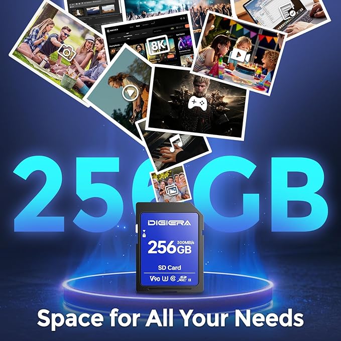 DIGIERA 256GB LSU200 SDXC UHS-II Memory Card - up to 300MB/s, C10, U3, V90, 8K, SD Card for Computers, Digital Cameras, Home Theatre Devices, Car Navigation Systems (1 Pack)