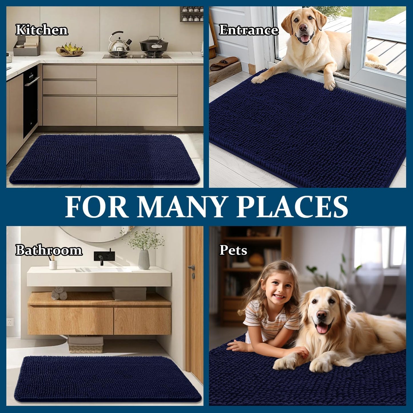 OLANLY Dog Door Mat - Absorbent Non-Slip Chenille Mat for Muddy Paws | 59x24 Inches, Navy Blue