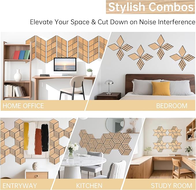 Mollywell Acoustic Panels, PVC Wood-Grain, 14x12 Inch Hexagon Carved Sound Proof Wall Tiles, Self-Adhesive High Density Felt for Home Theater/Studio/Office Echo Reduction, 12 Pack Natural Oak, S4