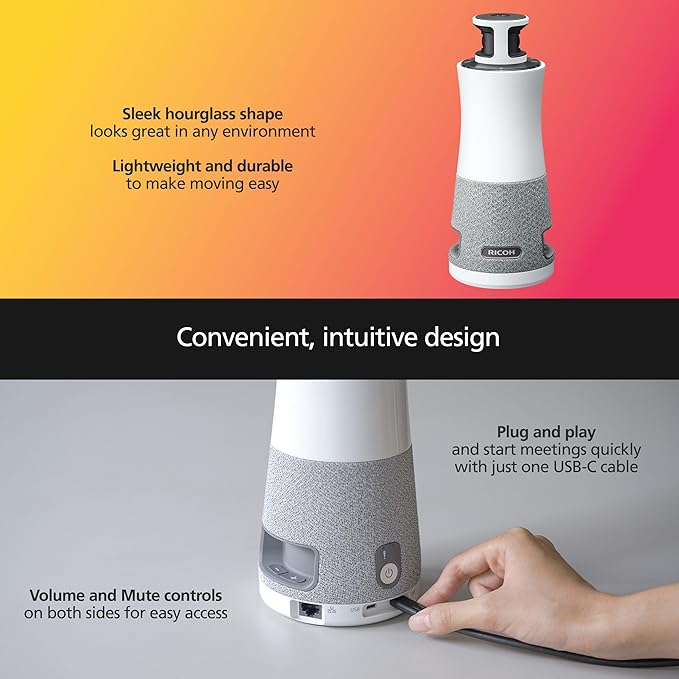 RICOH Meeting 360-360° Conference Room Camera - AI-Powered - Active Speaker Focus - USB-C Bus Powered - Zoom Certified - Works with Microsoft Teams, Google Meet, Cisco Webex
