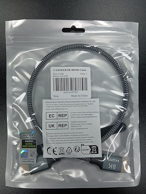 CABNEER 8K HDMI Cable 1 ft, 48Gbps High Speed HDMI 2.1 Cable, HDMI Cord 8K@60Hz 4K@120Hz Support for HDR eARC HDCP 2.2&2.3, HDMI Cable 2.1 Compatible with HDTV, Laptop, Monitor, PC