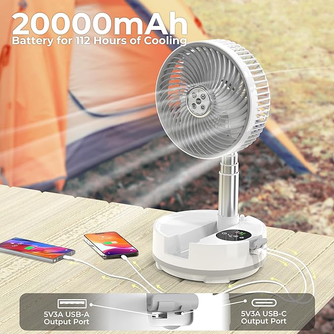 Portable Travel Fan, Foldable Standing Fan for Bedroom, 112H Run & 9 Speeds, Rechargeable Fan With Timer & Remote, Collapsible Oscillating Fan for Travel Cruise Essential Home RV Outdoor Power Outage