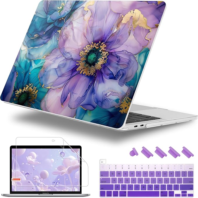 Lepeoac Case for MacBook Pro 13 inch Case M2 2022-2016 A2338 M1 A2251 A2289 A2159 A1989 A1708 A1706, Plastic Hard Shell + Keyboard Cover + Dust Plug, Fluid Art Flowers