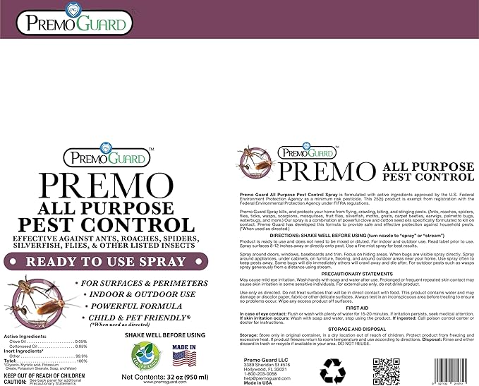 Pest Control by Premo Guard â 32 ozâ Insect & Pest Spray â Bug, Roach, Fleas, Fruit Fly, Ant, Spider Killer â Effective Plant Based Formula â Child and Pet Safe â Best Natural Protection
