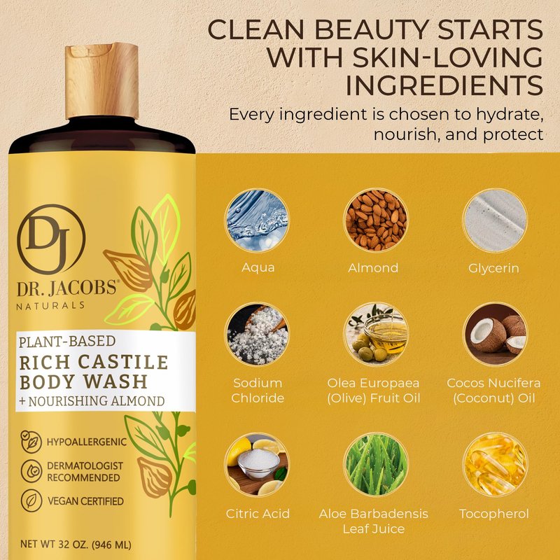Dr. Jacobs Naturals Pure Castile Soap Liquid Body Wash, Almond - Plant Based Castile Soap Infused with Vitamin E and Aloe Vera to Moisturize Dry and Sensitive Skin - Made in The USA - 32 oz, Pack of 2