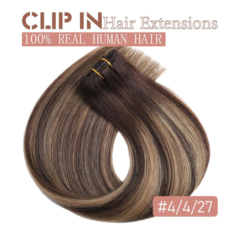 Clip in Hair Extension Real Human Hair Balayage Clip in Extensions for Women 80g/5pcs Balayage Chocolate Brown to Caramel Blonde Human Hair Extensions Clip ins 14 Inch Gift