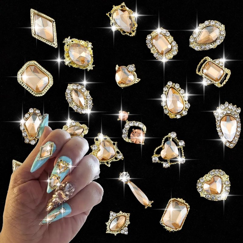 ZUMILLMN Gold Nail Charms, Gold Nail Charms, 20Pcs 3D Nail Charms 20 Styles Metal Nail Art Charms Champagne-Color Gem Charms for Nails（Champagne-Color Gem）
