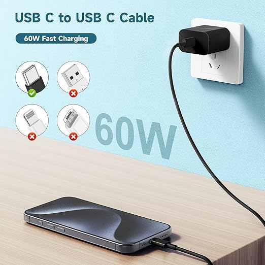 chcela 60W USB C to C Cable [3Pack] iPhone 17 16 15 Fast Charging Cable,3ft Short USB-C to USBC Power Cord for iPhone 17/16/15 Pro Plus Pro Max, MacBook Pro Air/IPad/iPad Pro 12.9/11,AirPods 4(Black)