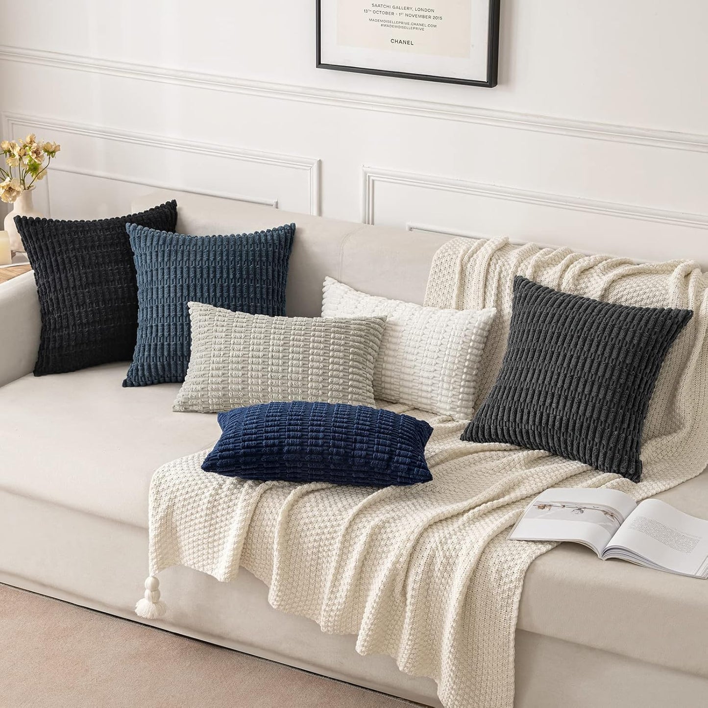 MIULEE Corduroy Throw Pillow Covers - Soft Boho Striped Design | 16x16 Inch Blue Decorative Covers for Living Room
