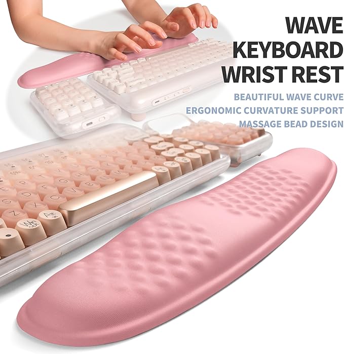 Gleamtide 2-in-1 Ergonomic Set, Wave Keyboard Wrist Rest and Massage Slope Mouse Pad Wrist Support, Rebound Memory Foam for Relieve Carpal Tunnel Syndrome and Wrist Pain (Pink)