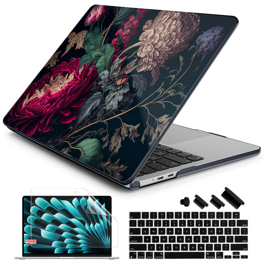 Batianda Premium Case for New MacBook Air 15 inch with M5 M4 M3 M2 Chip 2026 2025 2024 2023 Release, Designed Ultra-Slim Hardshell & Keyboard Cover & Screen Protector 4-in-1 Bundle, Vintage Flower