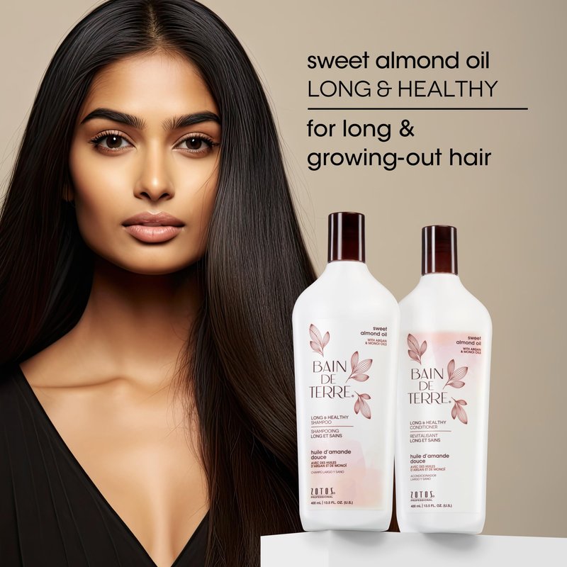 Bain de Terre Sweet Almond Oil Long & Healthy Shampoo, Strength & Protection for Weak, Damaged Hair, with Argan & Monoi Oils, Paraben-Free, Color-Safe, Vegan, 33.8 Fl Oz