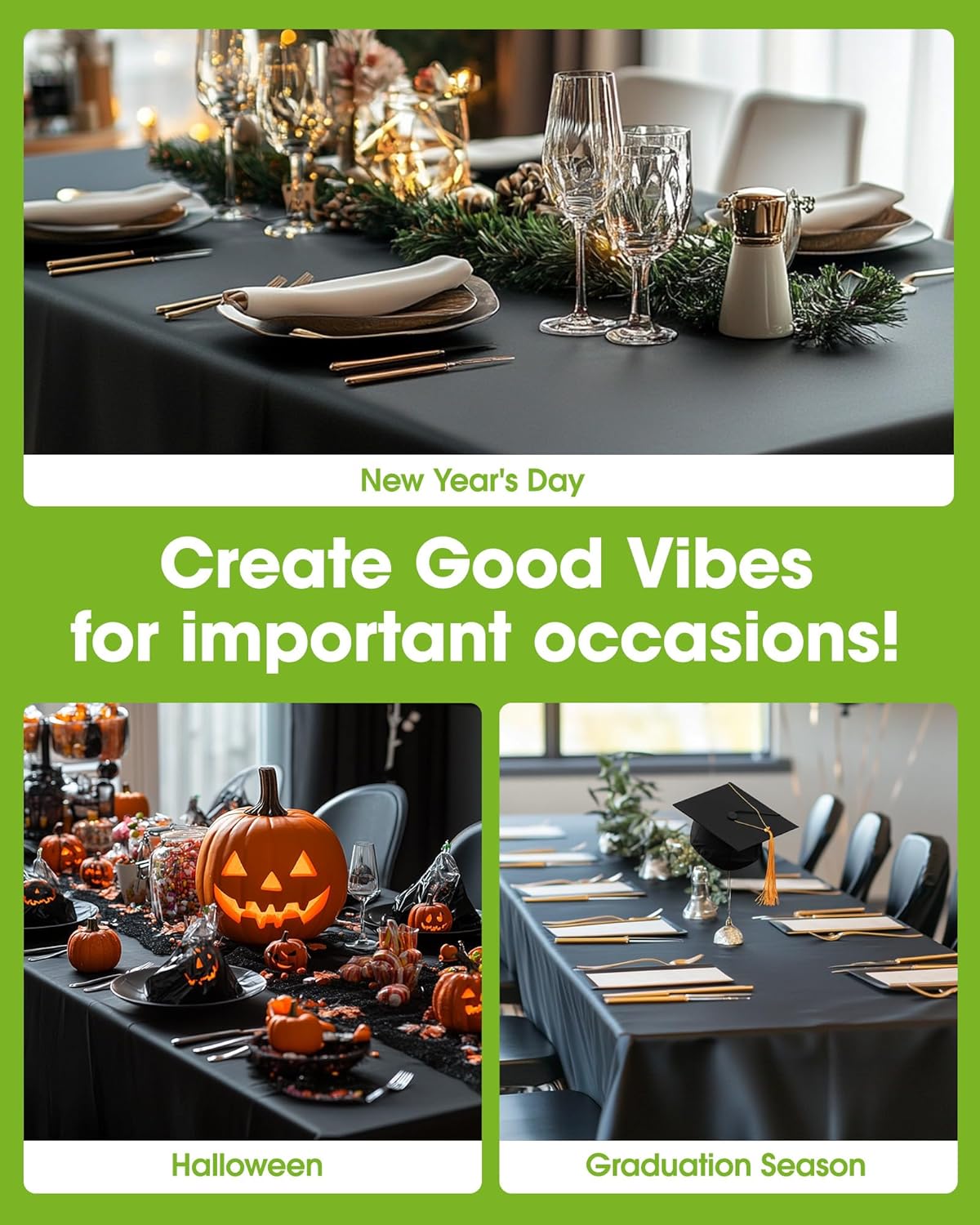 Pureegg Disposable Plastic Tablecloths - 10 Pack, Leakproof & Sturdy, 54 x 72 Inch, Black for Halloween Parties