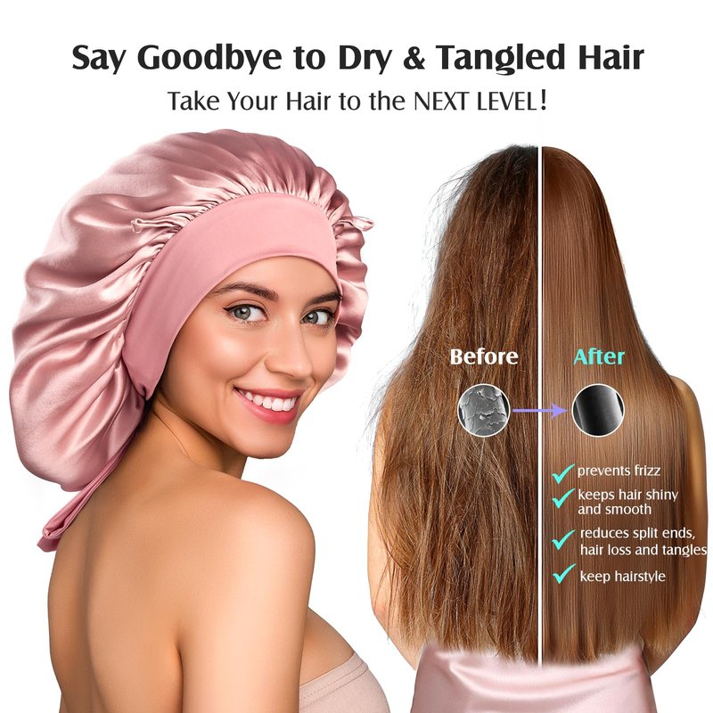 YFONG 100% 22 Momme Mulberry Silk Bonnet for Sleeping Women, Larger Double Layer Silk Hair Wrap for Curly Short Long Hair, Non-Slip Sleep Cap Turban with Elastic Tie Band for Hair Care, Pink